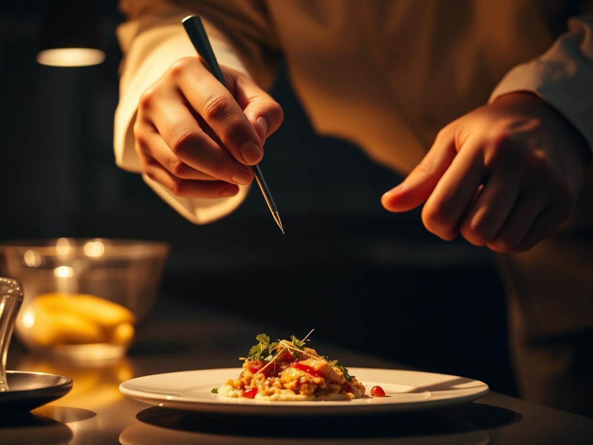 Chef plating a dish with tweezers