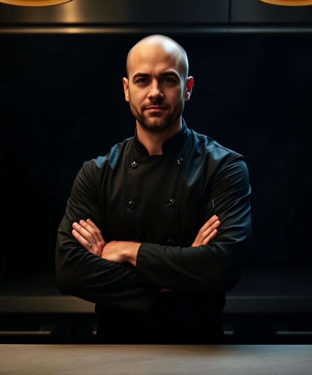 Head chef standing in a dark kitchen