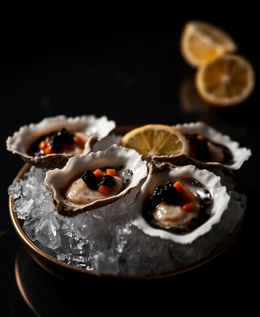Oysters on ice with caviar