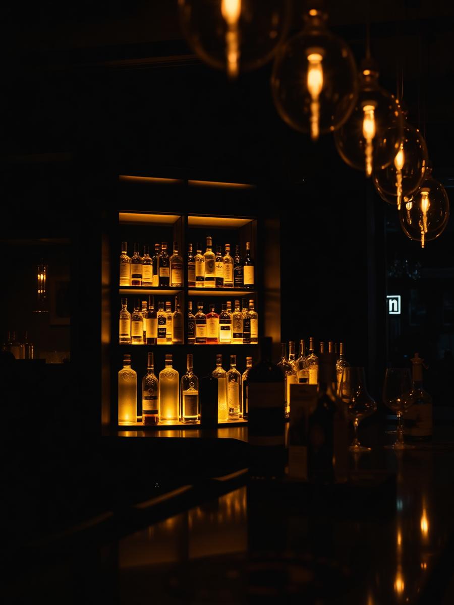 Backlit bar with amber bottle display